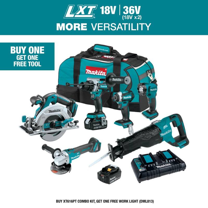 Kit de 6 piezas Makita 18V 5.0Ah LXT Brushless (Martillo Taladro, Atornillador de Impacto, Sierra Recíproca, Sierra Circular, Esmeriladora, Linterna) - XT616PT
