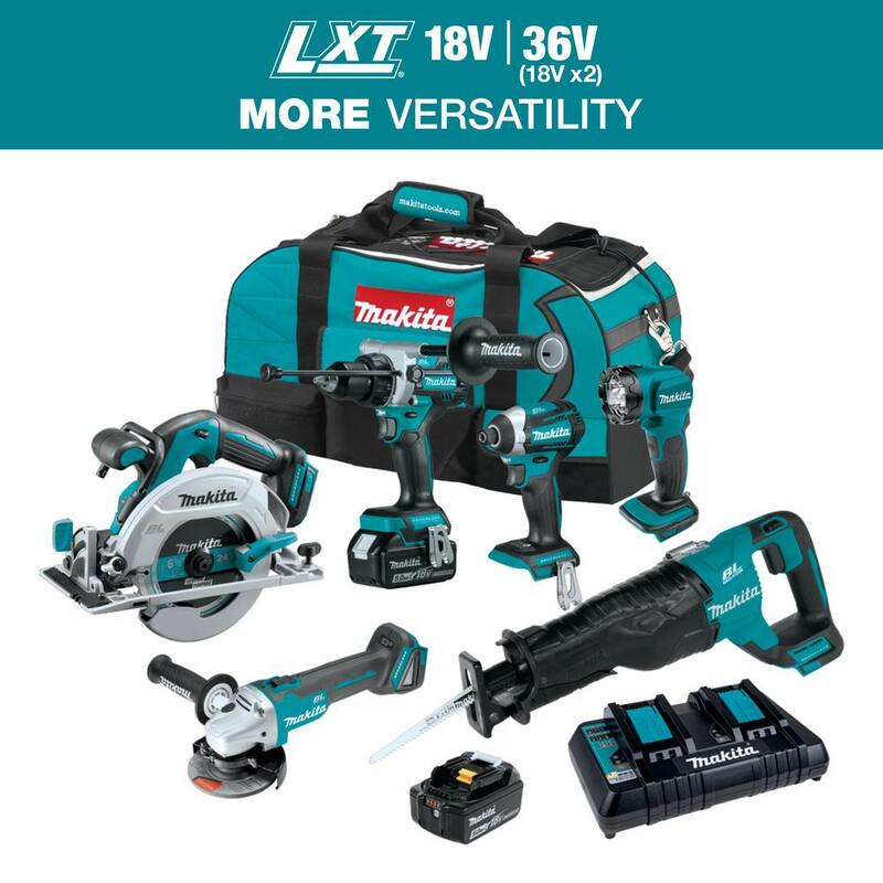 Kit de 6 piezas Makita 18V 5.0Ah LXT Brushless (Martillo Taladro, Atornillador de Impacto, Sierra Recíproca, Sierra Circular, Esmeriladora, Linterna) - XT616PT