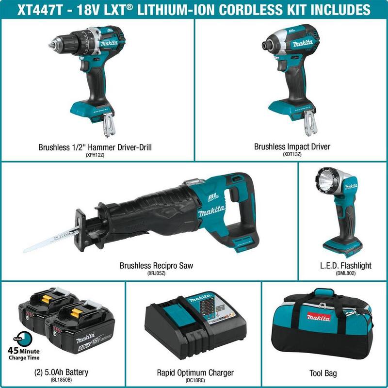 Kit combinado inalámbrico de 4 piezas 18V 5.0Ah LXT de iones de litio sin escobillas Makita - XT447T