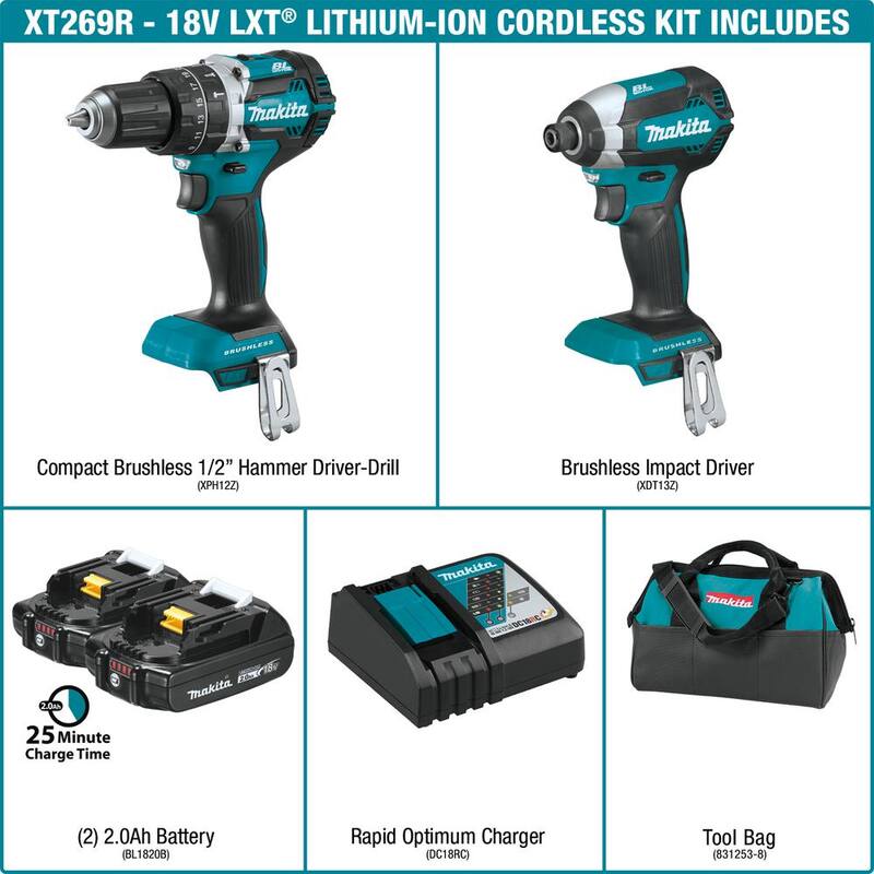 Kit combinado de martillo taladro inalámbrico y destornillador de impacto con motor sin escobillas de 18V LXT de litio-ion de Makita (2 herramientas) con (2) baterías de 2Ah y bolsa incluida - XT269R