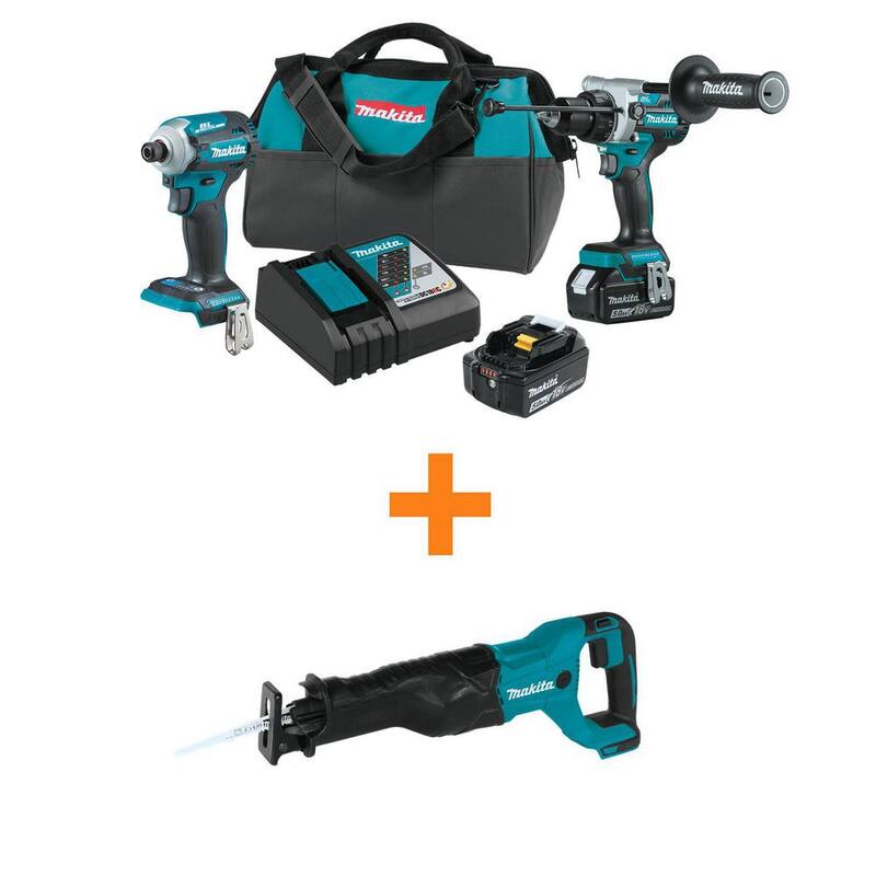 Kit combinado inalámbrico Makita 18V LXT de ion de litio sin escobillas de 5.0 Ah (2 piezas) con una sierra reciprocante de ion de litio 18V LXT de regalo - XT288T-XRJ04Z.