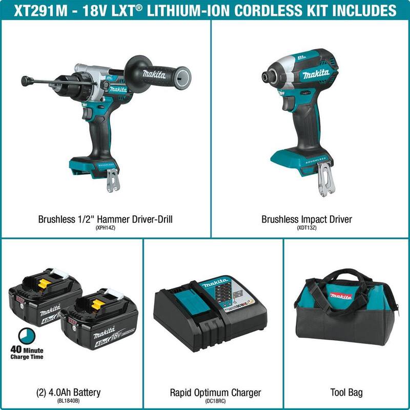 Juego Combo de 2 piezas inalámbrico sin escobillas de litio-ion LXT de 18V de Makita ( Taladro percutor/Atornillador de impacto) 4.0Ah - XT291M