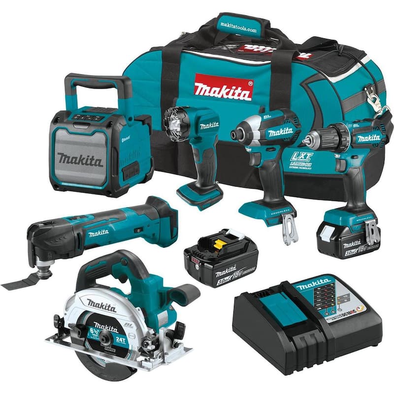 Juego combinado inalámbrico de 6 piezas de 18 voltios LXT de ion de litio (Taladro-Destornillador/Impacto/Sierra Circular/Herramienta Multiuso/Radio/Luz) 3.0A - XT613X1 de Makita