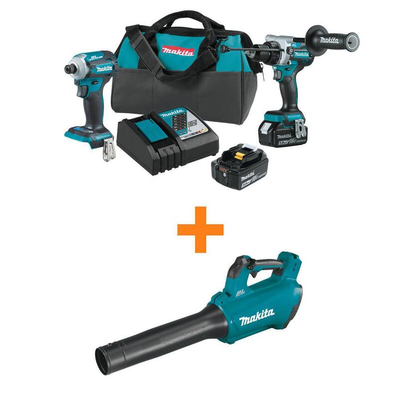 Kit de combo inalámbrico sin escobillas de iones de litio LXT de 18V de Makita 5.0 Ah (2 piezas) con bono de sopladora inalámbrica sin escobillas LXT de 18V con 116 MPH 459 CFM - XT288T-XBU03Z.