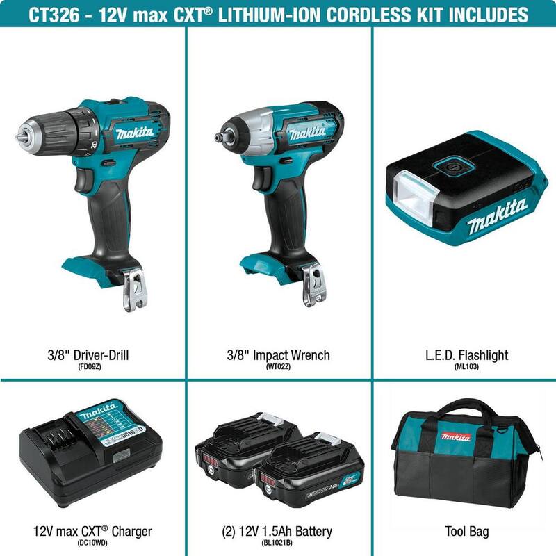 
Kit combo inalámbrico de litio-ion Makita 12V max CXT de 3 piezas (taladro-destornillador/ llave de impacto/ luz) 1.5 Ah - CT326