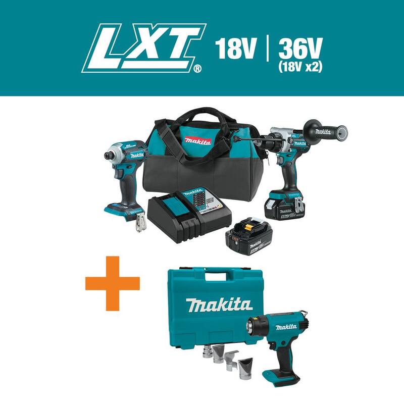 Kit combo inalámbrico sin escobillas de iones de litio de 18V LXT de Makita 5.0 Ah (2 piezas) con pistola de calor inalámbrica de iones de litio de 18V LXT como bonificación - XT288T-XGH01ZK.