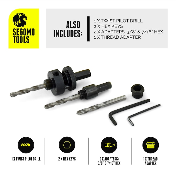 Segomo Tools 16 Piece General Purpose Bi-Metal Hole Saw Kit (3/4" to 2 1/2") - M09013B