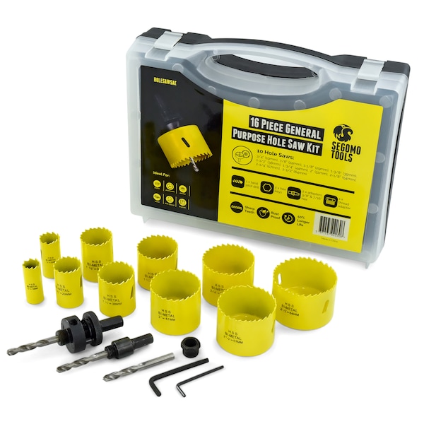 Segomo Tools 16 Piece General Purpose Bi-Metal Hole Saw Kit (3/4" to 2 1/2") - M09013B