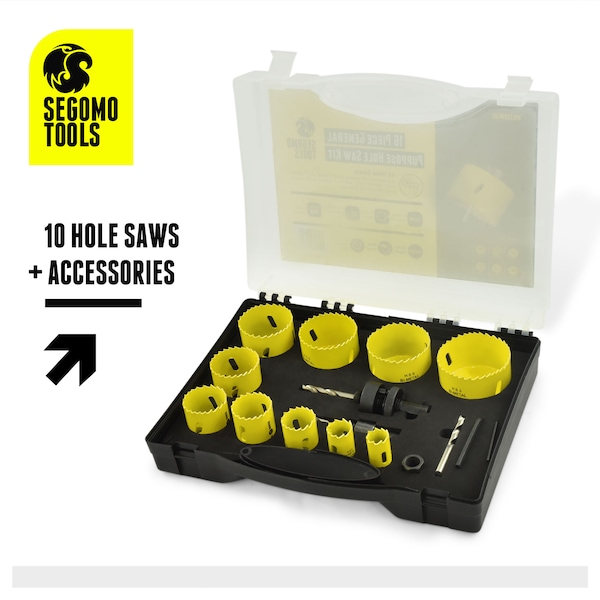 Segomo Tools 16 Piece General Purpose Bi-Metal Hole Saw Kit (3/4" to 2 1/2") - M09013B