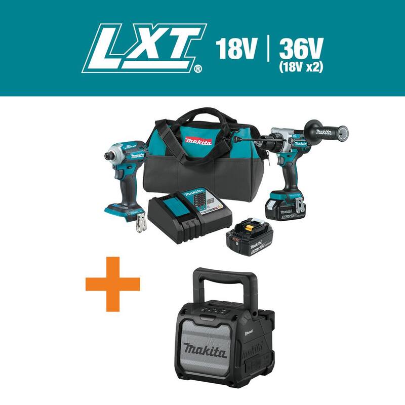 Kit de combinación inalámbrico sin escobillas de litio-ion de 18V LXT Makita 5.0 Ah (2 piezas) con altavoz de trabajo Site Speaker 18V LXT / 12V max CXT como bonificación - XT288T-XRM08B