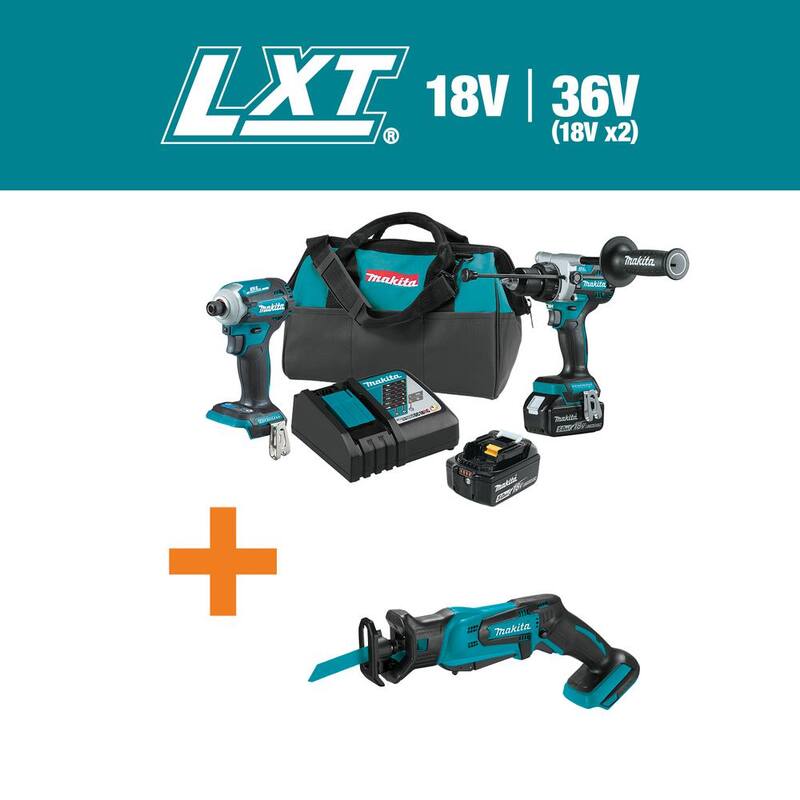Kit inalámbrico sin escobillas de litio de 18V LXT de Makita 5.0 Ah (2 piezas) con bono de sierra reciproca compacta de litio de 18V LXT - XT288T-XRJ01Z.