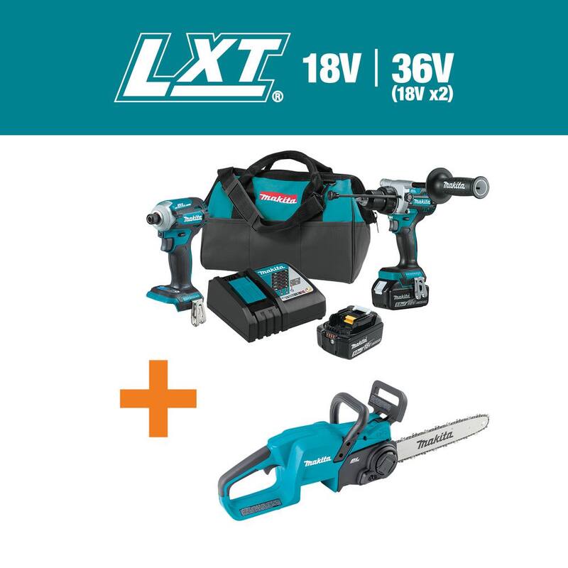 Kit combinado sin escobillas de iones de litio 18V LXT de Makita 5.0 Ah (2 piezas) con sierra de cadena inalámbrica sin escobillas de iones de litio de 14 pulgadas como bono - XT288T-XCU11Z.