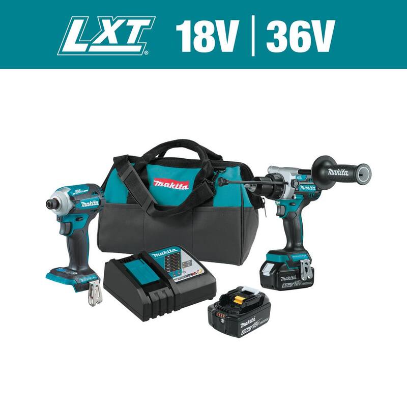 Kit combinado sin escobillas de iones de litio 18V LXT de Makita 5.0 Ah (2 piezas) con sierra de cadena inalámbrica sin escobillas de iones de litio de 14 pulgadas como bono - XT288T-XCU11Z.