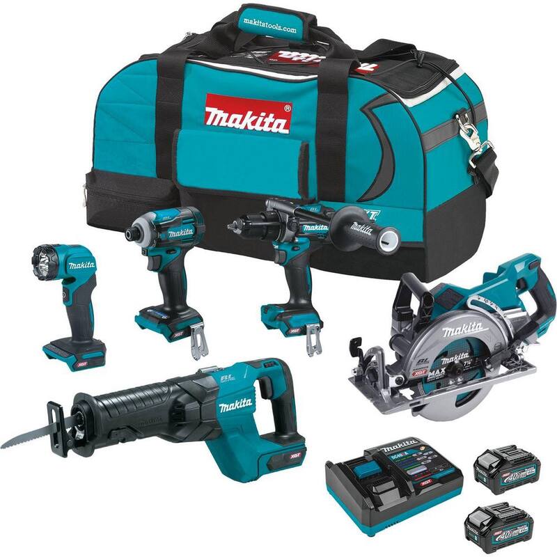 Juego de Combo Inalámbrico sin escobillas de 40 voltios XGT de Makita de 5 piezas (taladro martillo/impacto/sierra recíproca/sierra circular/linterna) 4.0Ah - GT500M