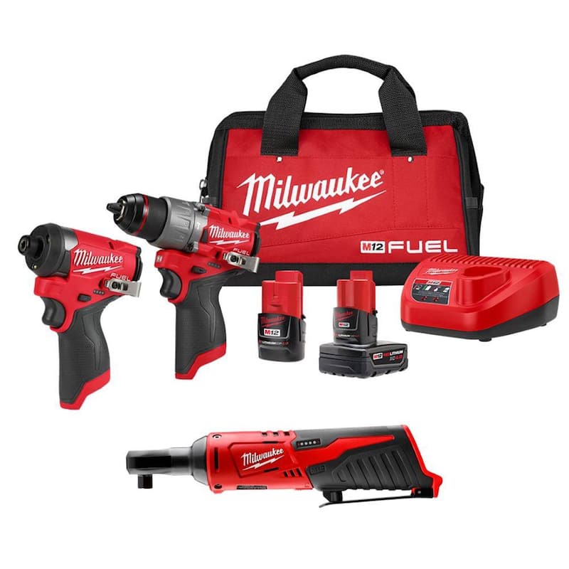 Milwaukee M12 FUEL 12-Volt Li-Ion Brushless Cordless Hammer Drill and Impact Driver Combo Kit (2 Herramientas) con M12 3/8 in. Trinquete - 3497-22-2457-20