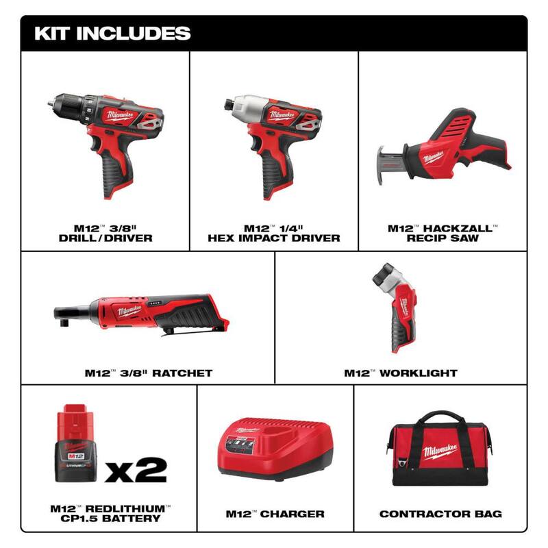 Juego de combinación inalámbrico Milwaukee M12 12V de iones de litio (5 herramientas) con dos baterías de 1.5Ah, cargador y bolsa de herramientas - 2498-25