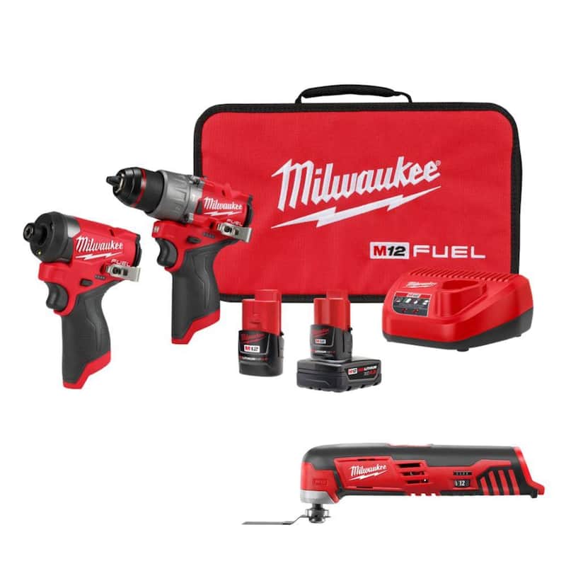 Juego de combo de taladro martillo y destornillador de impacto inalámbricos sin escobillas de 12 voltios Milwaukee M12 FUEL (2 herramientas) con Multi-Herramienta M12 - 3497-22-2426-20.