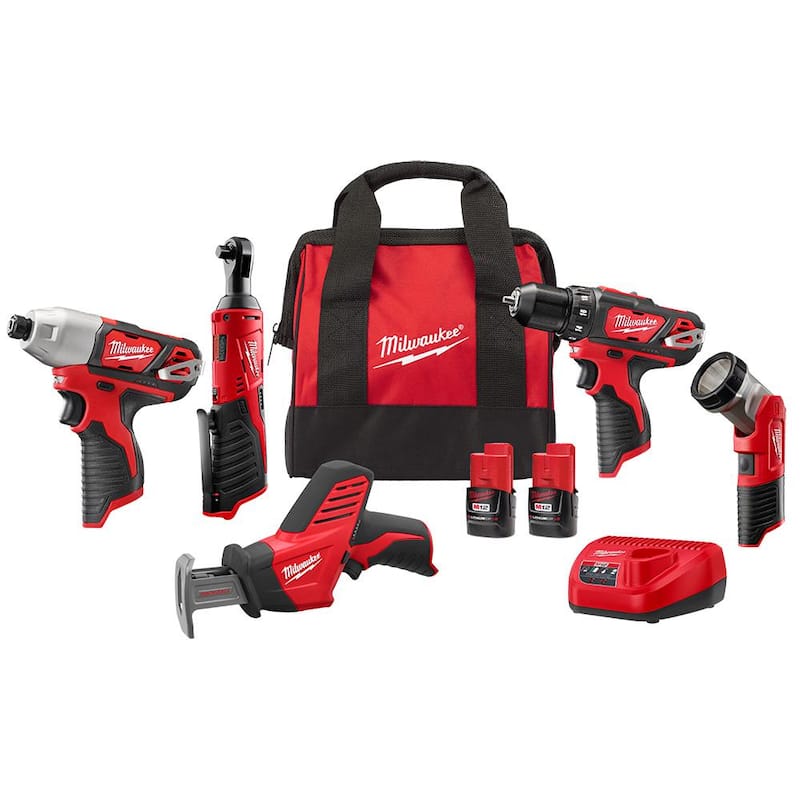 Juego de herramientas inalámbricas Milwaukee M12 12V de iones de litio (5 herramientas) con dos baterías de 1.5 Ah, cargador y bolsa de herramientas - 2498-25H.