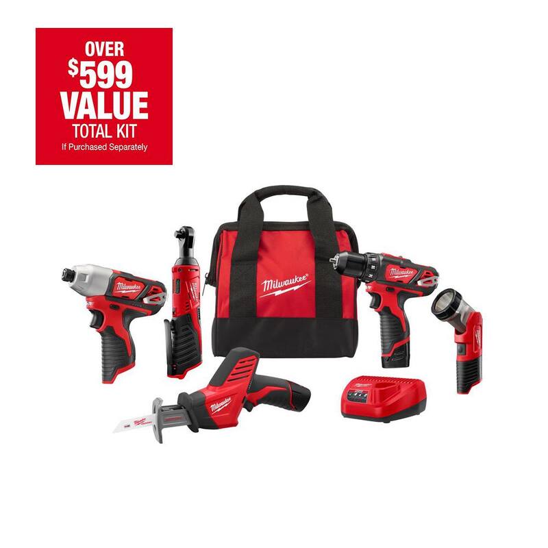 Juego de herramientas inalámbricas Milwaukee M12 12V de iones de litio (5 herramientas) con dos baterías de 1.5 Ah, cargador y bolsa de herramientas - 2498-25H.