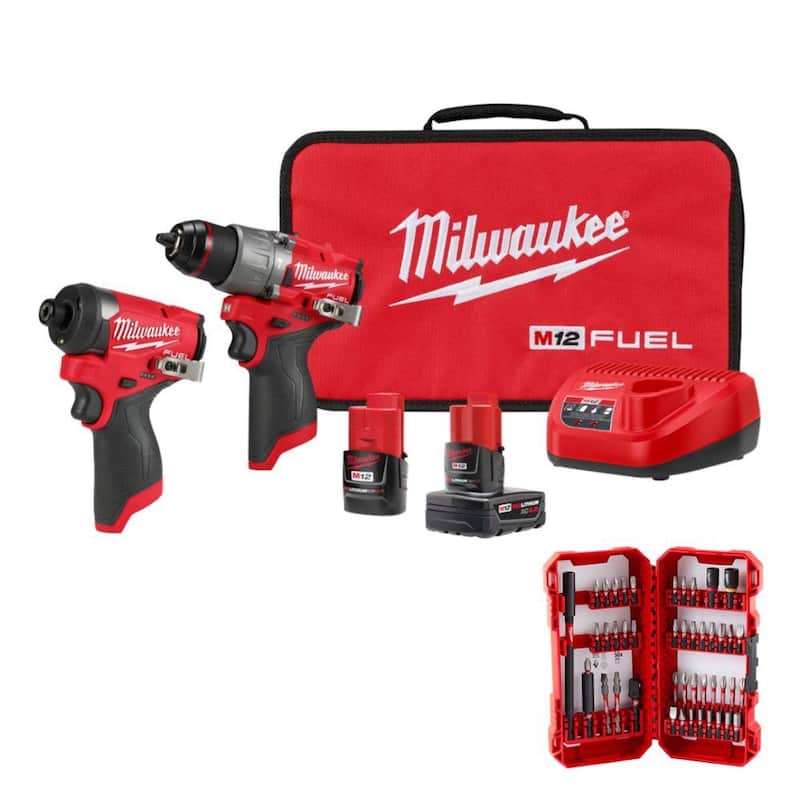 Kit combinado de taladro martillo inalámbrico sin escobillas de 12 voltios y destornillador de impacto Milwaukee M12 FUEL (2 herramientas) con juego de puntas (45 piezas) - 3497-22-48-32-4023.