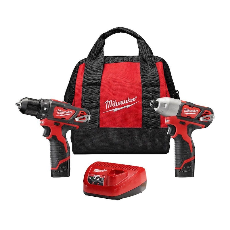Juego combo de taladro inalámbrico Milwaukee M12 de 12V de ion de litio/destornillador de impacto con dos baterías de 1.5Ah, cargador y bolsa (2 herramientas) - 2494-22