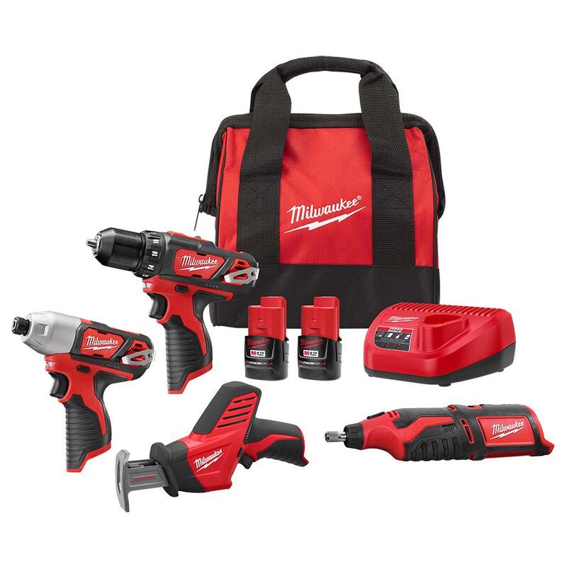 Juego de combinado inalámbrico de 4 herramientas Milwaukee M12 12V de iones de litio con (2) baterías compactas de 1.5Ah y cargador - 2497-24H