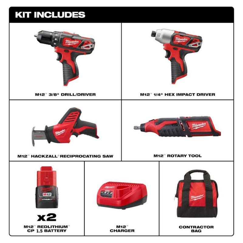 Juego de combinado inalámbrico de 4 herramientas Milwaukee M12 12V de iones de litio con (2) baterías compactas de 1.5Ah y cargador - 2497-24H