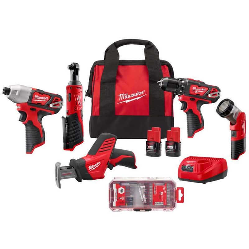 Juego de herramientas inalámbricas combo Milwaukee M12 de 12 voltios de 5 piezas con set de puntas de destornillador de acero de aleación SHOCKWAVE Impact Duty (25 piezas) - 2498-25H-48-32-4095.