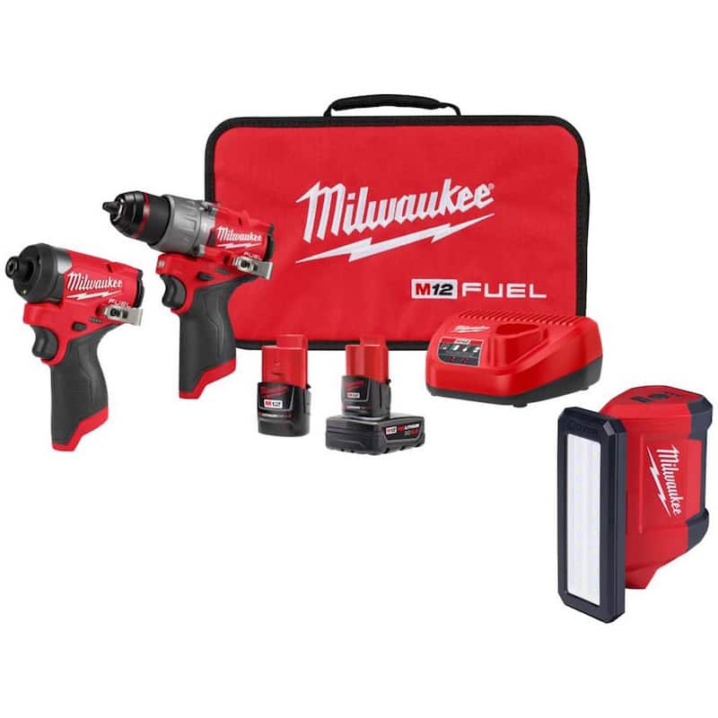 Milwaukee M12 FUEL Combo de Taladro Percutor Inalámbrico y Destornillador de Impacto de 12 Voltios con Tecnología Brushless de Iones de Litio junto con Luz de Servicio M12 ROVER - 3497-22-2367-20