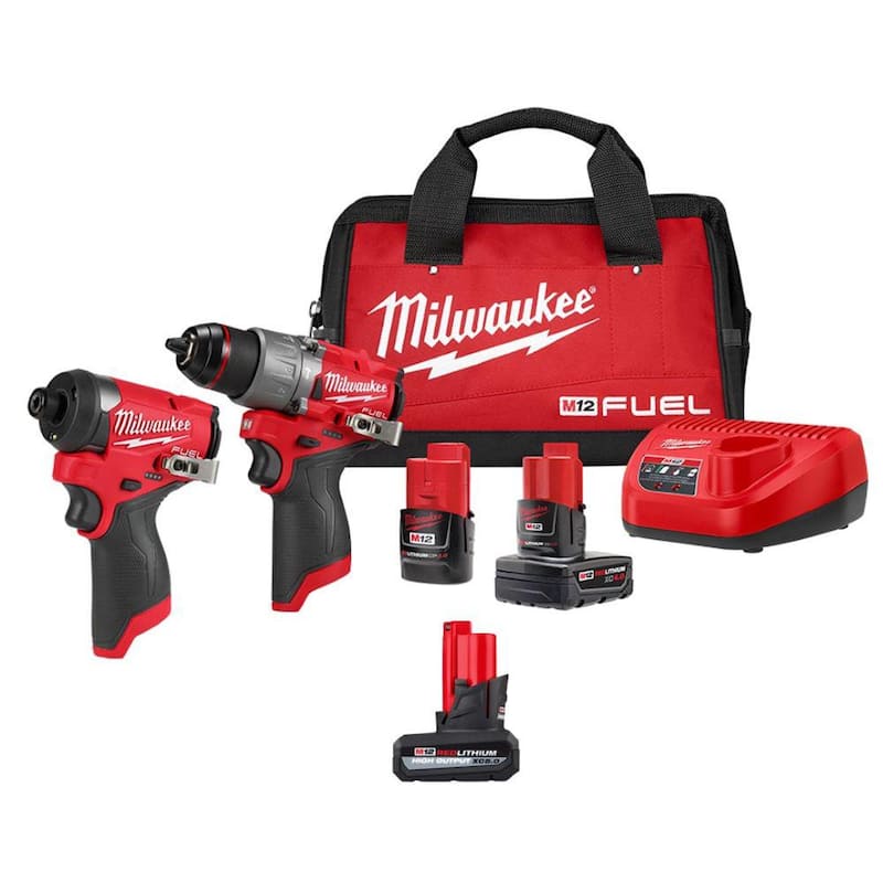 Milwaukee M12 FUEL 12V Lithium-Ion Brushless Kit Combo de Taladro de Martillo/Atornillador de Impacto Inalámbrico 2 Herramientas con Batería de Alta Capacidad de 5.0Ah - 3497-22-48-11-2450