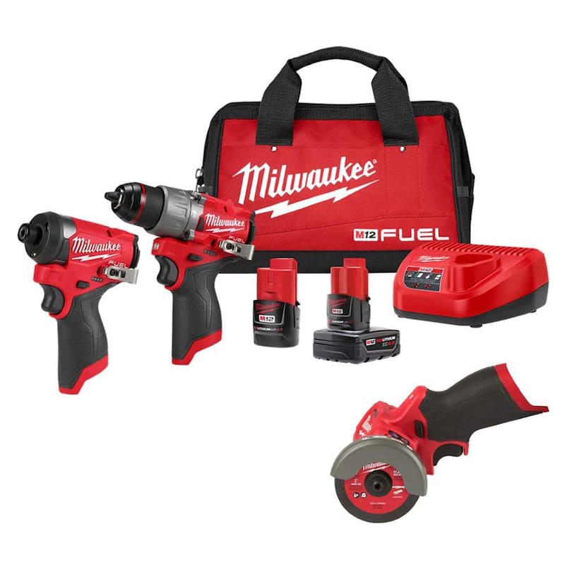 Juego combinado de taladro percutor inalámbrico y destornillador de impacto Milwaukee M12 FUEL de 12 voltios con tecnología de motor sin escobillas de iones de litio y sierra de corte - 3497-22-2522-20