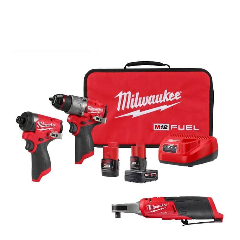 Juego de combo Milwaukee M12 FUEL 12-Volt Lithium-Ion martillo inalámbrico/Taladro de impacto/Trinquete de 3/8 pulgadas (3 herramientas) - 3497-22-2567-20