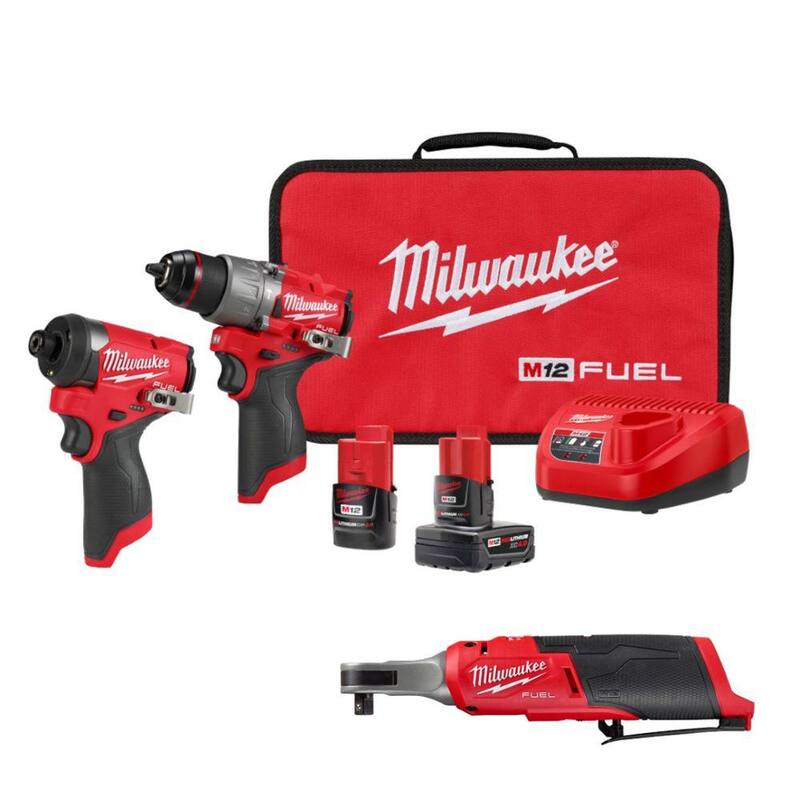 Juego de combo Milwaukee M12 FUEL 12-Volt Lithium-Ion martillo inalámbrico/Taladro de impacto/Trinquete de 3/8 pulgadas (3 herramientas) - 3497-22-2567-20
