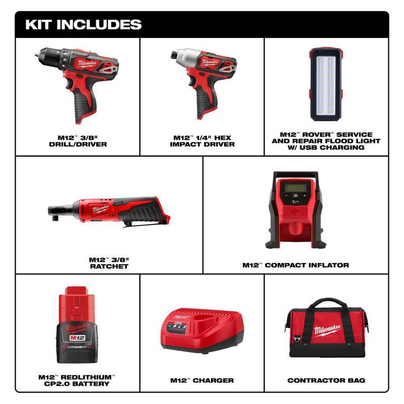 Paquete combinado inalámbrico de 12V de iones de litio Milwaukee M12 con dos baterías de 2.0Ah, cargador y bolsa (5 herramientas) - 2494-25