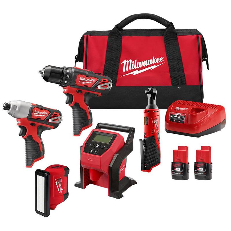 Paquete combinado inalámbrico de 12V de iones de litio Milwaukee M12 con dos baterías de 2.0Ah, cargador y bolsa (5 herramientas) - 2494-25