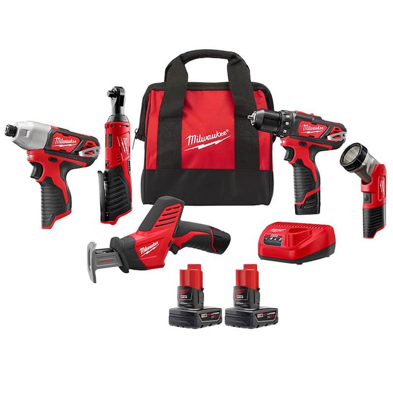 Juego de combo inalámbrico de iones de litio Milwaukee M12 12V (5 herramientas) con paquete de baterías M12 XC 3.0 Ah (2 paquetes) - 2498-25H-48-11-2412.