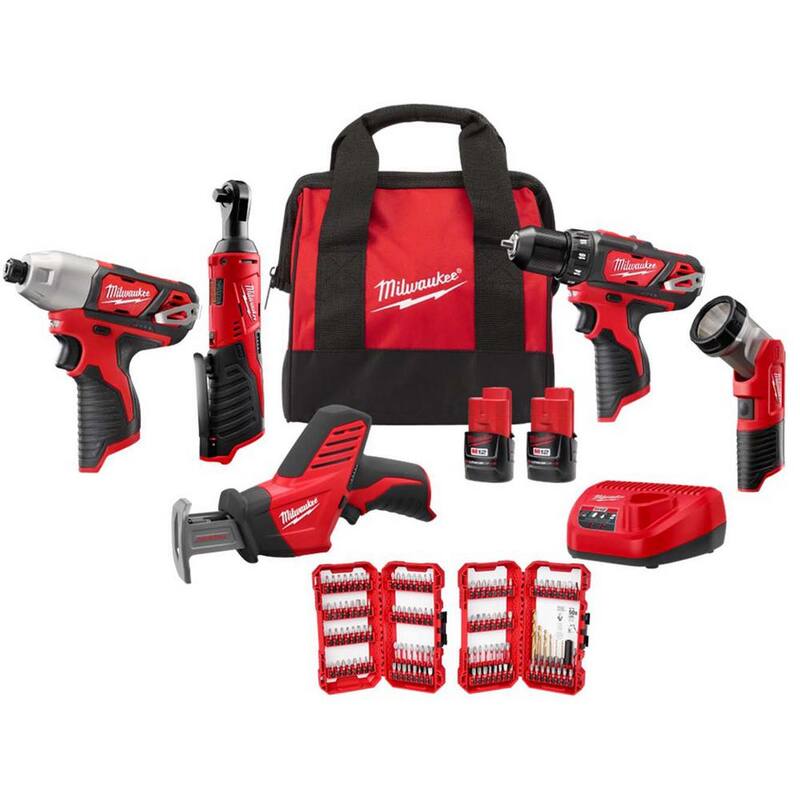 Milwaukee M12 12V Lithium-Ion Cordless 5-Tool Combo Kit con juego de puntas de destornillador de acero de aleación SHOCKWAVE Impact Duty (de 120 piezas) - 2498-25H-48-32-5155