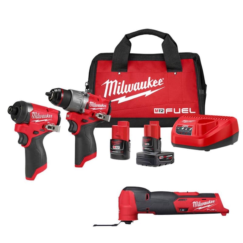 Milwaukee M12 FUEL 12-Volt Li-Ion Brushless Cordless Hammer Drill/Impact Driver Combo Kit (2 herramientas) con Multiherramienta Oscilante - 3497-22-2526-20