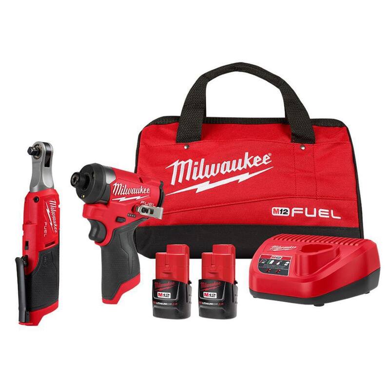 Kit de Llave de Trinquete Inalámbrica de Íon de Litio de 12V y Destornillador de Impacto de 1/4 de Milwaukee M12 FUEL (2 Herramientas) con Baterías, Cargador y Bolsa - 3453-22HSR