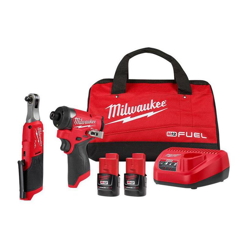Kit de Llave de Trinquete Inalámbrica de Íon de Litio de 12V y Destornillador de Impacto de 1/4 de Milwaukee M12 FUEL (2 Herramientas) con Baterías, Cargador y Bolsa - 3453-22HSR