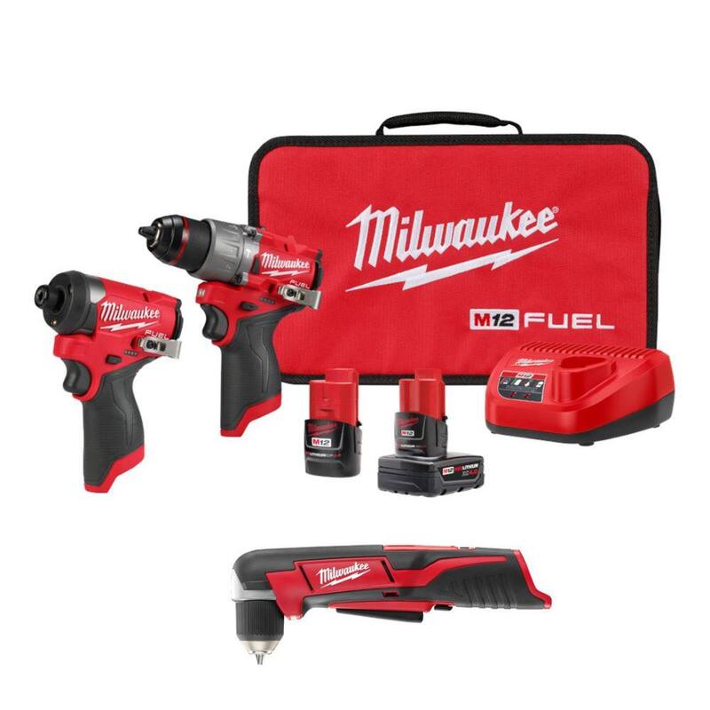 Juego combinado de taladro percutor e impacto inalámbrico sin escobillas Milwaukee M12 FUEL de 12 voltios con 2 herramientas, con taladro angular derecho M12 - 3497-22-2415-20