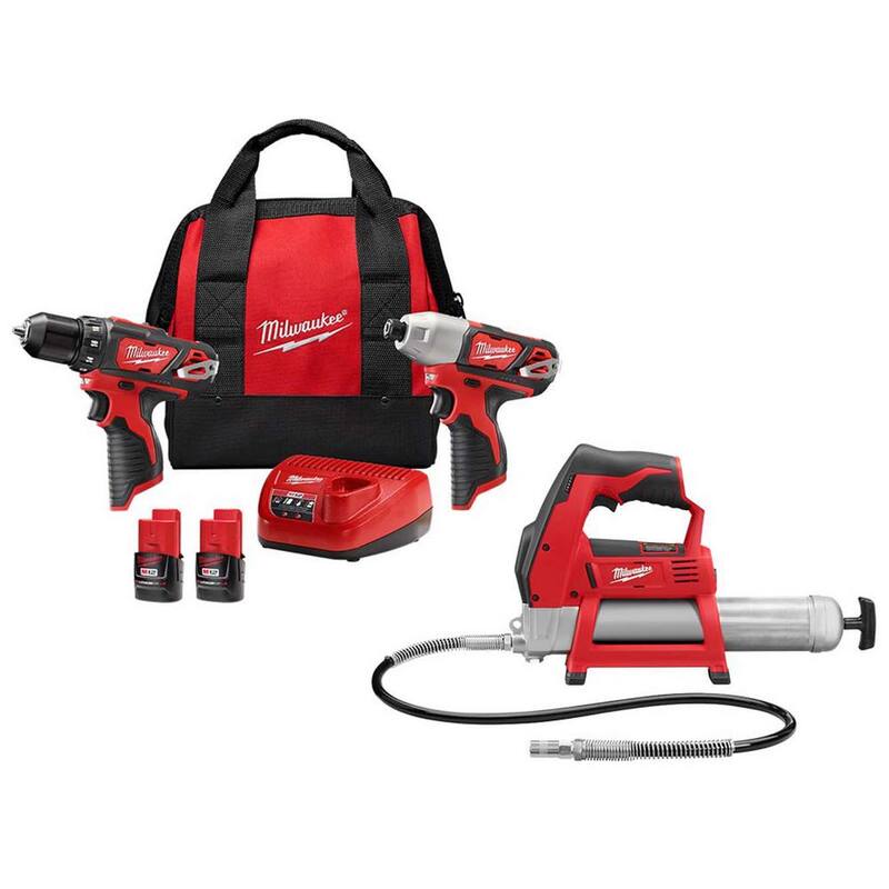 Milwaukee M12 12V Juego de Combo de Taladro Inalámbrico/Atornillador de Impacto con dos baterías de 1.5Ah y Pistola de Grasa Inalámbrica M12 12V - 2494-22-2446-20