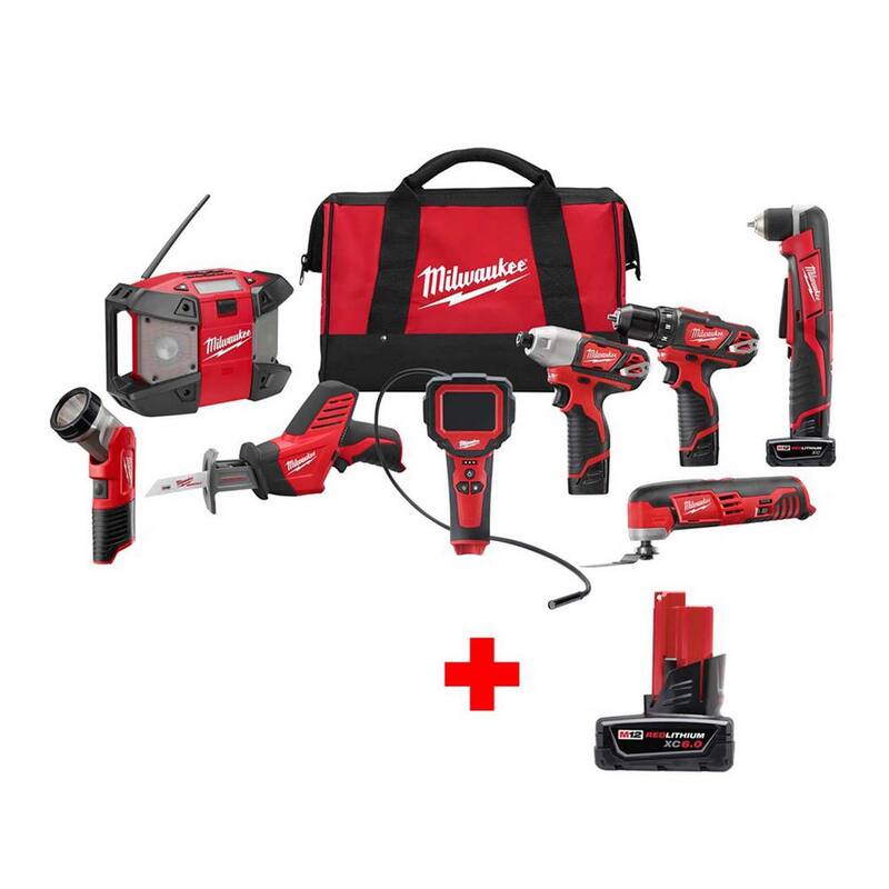 Kit de herramientas inalámbricas Milwaukee M12 12V de ion de litio (8 herramientas) con batería de 6.0 Ah - 2495-28-48-11-2460