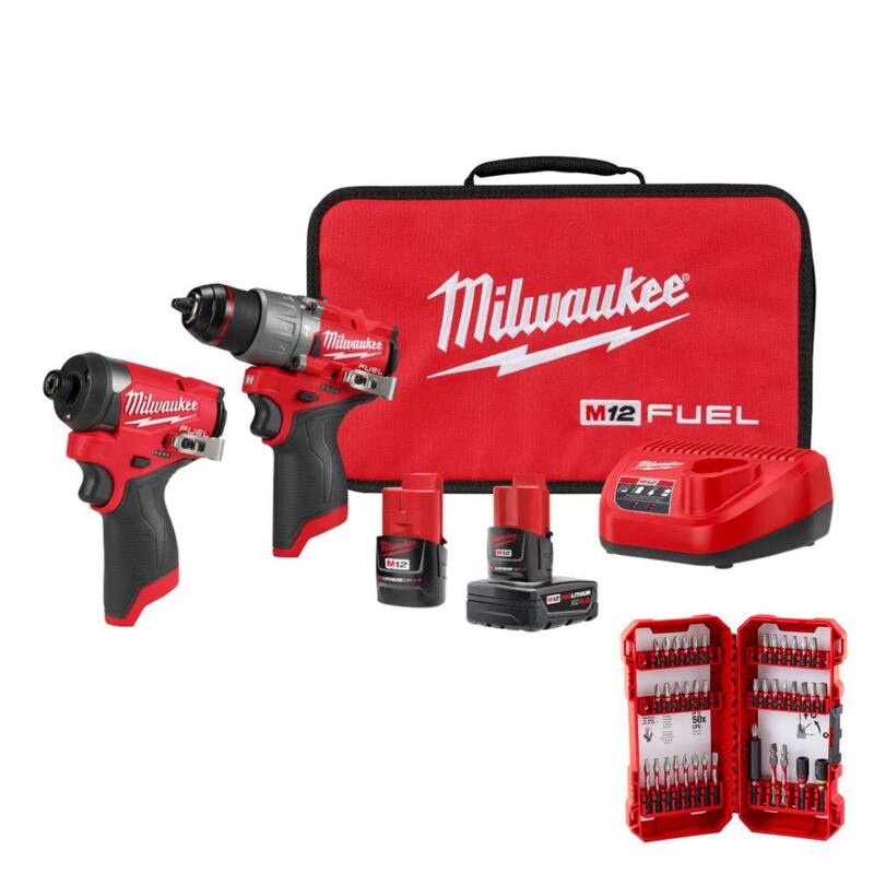 Milwaukee M12 FUEL Combo de taladro inalámbrico y destornillador de impacto de 12 voltios de iones de litio con juego de puntas de destornillador de impacto (40 piezas) - 3497-22-48-32-4022