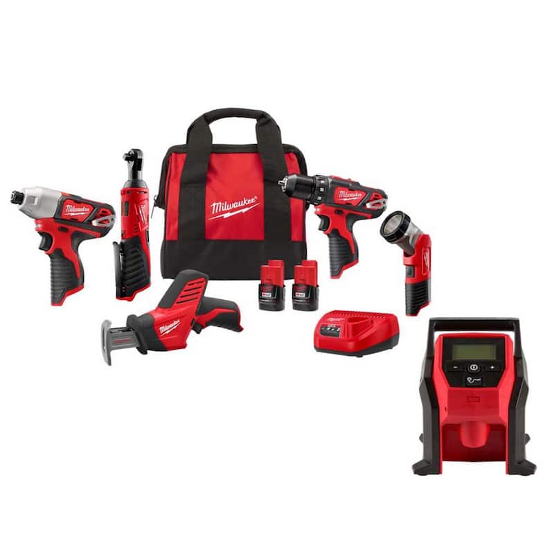 Juego de combo inalámbrico de 12 voltios de 5 herramientas Milwaukee M12 de iones de litio con inflador compacto inalámbrico de 12 voltios de iones de litio - 2498-25H-2475-20