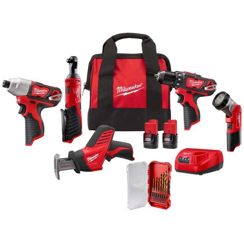 Juego de Combo de 5 Herramientas Inalámbricas de Iones de Litio de 12V Milwaukee M12 con Set de Brocas de Titanio SHOCKWAVE Impact Duty (15 piezas) - 2498-25H-48-89-4670