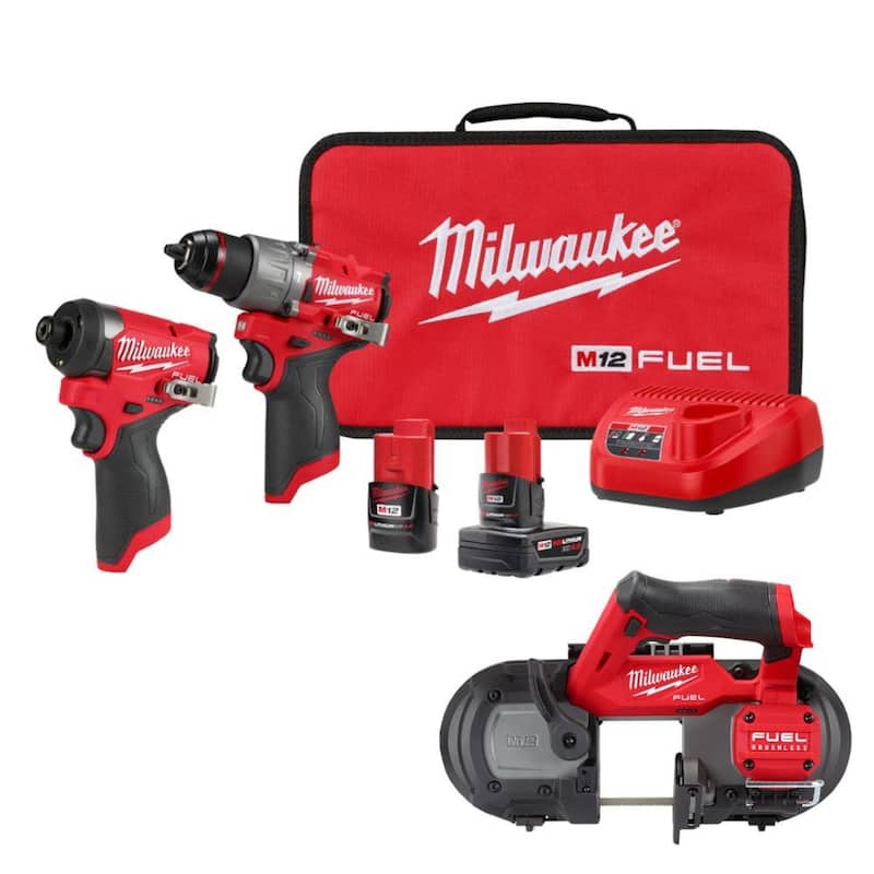 Milwaukee M12 FUEL Combo Kit de Taladro de Martillo/Atornillador de Impacto Inalámbrico sin escobillas de litio de 12 voltios (2 herramientas) con Sierra de Banda Subcompacta - 3497-22-2529-20