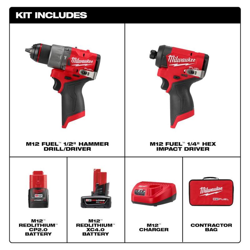 Kit combo Milwaukee M12 FUEL de taladro percutor y destornillador de impacto inalámbricos Brushless de 12 voltios de iones de litio (2 herramientas) con M12 HACKZALL - 3497-22-2420-20