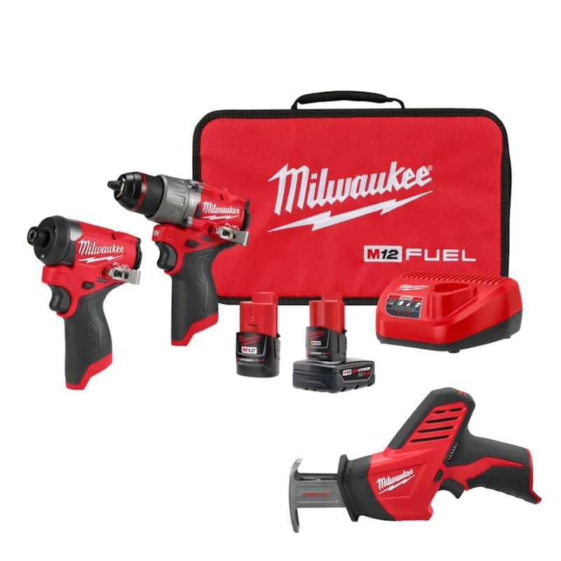 Kit combo Milwaukee M12 FUEL de taladro percutor y destornillador de impacto inalámbricos Brushless de 12 voltios de iones de litio (2 herramientas) con M12 HACKZALL - 3497-22-2420-20