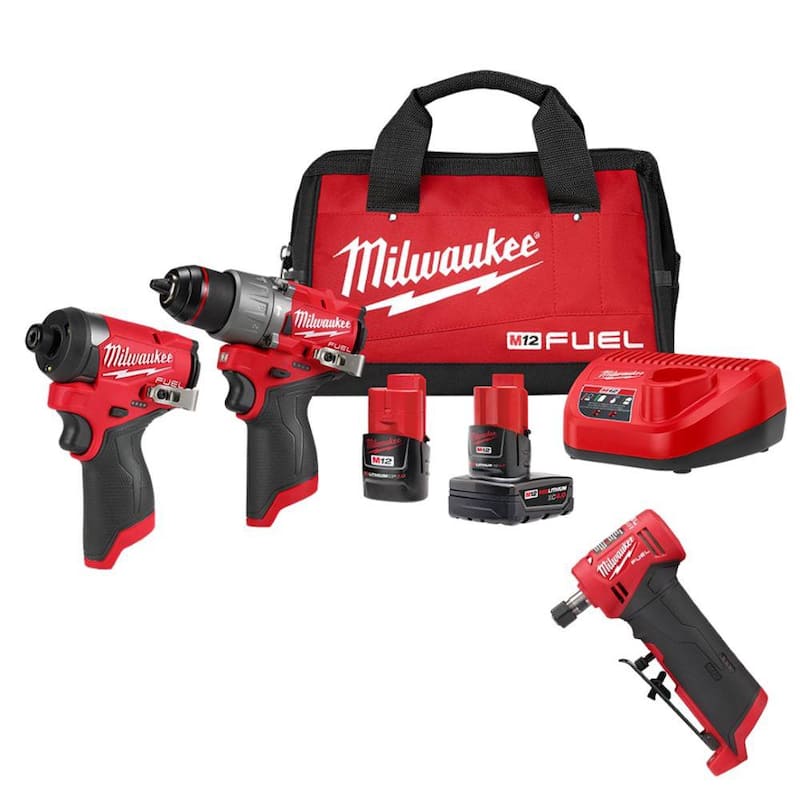 Kit combo de taladro martillo/destornillador de impacto inalámbrico sin escobillas Milwaukee M12 FUEL de 12 voltios de iones de litio (2 herramientas) con M12 moladora de ángulo recto - 3497-22-2485-20.
